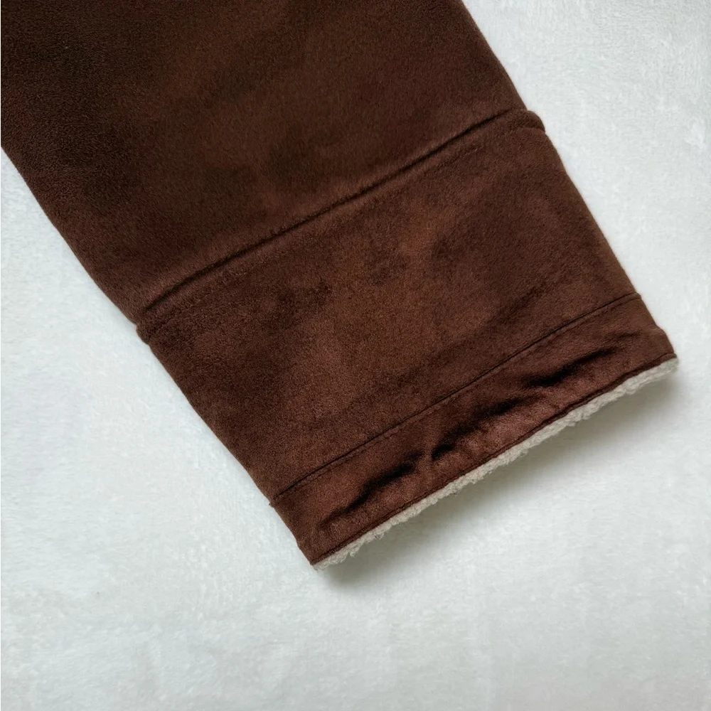 Ralph Lauren Duffle Coat Petite Medium Brown Faux Suede Sherpa Lined Hood Toggl